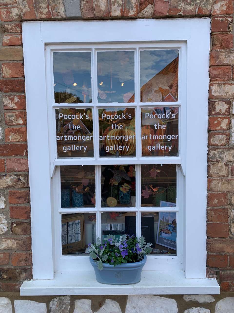 The front window at 6 North Street, lettered “Pocock’s the artmonger gallery”, with a planter of violas on the sill